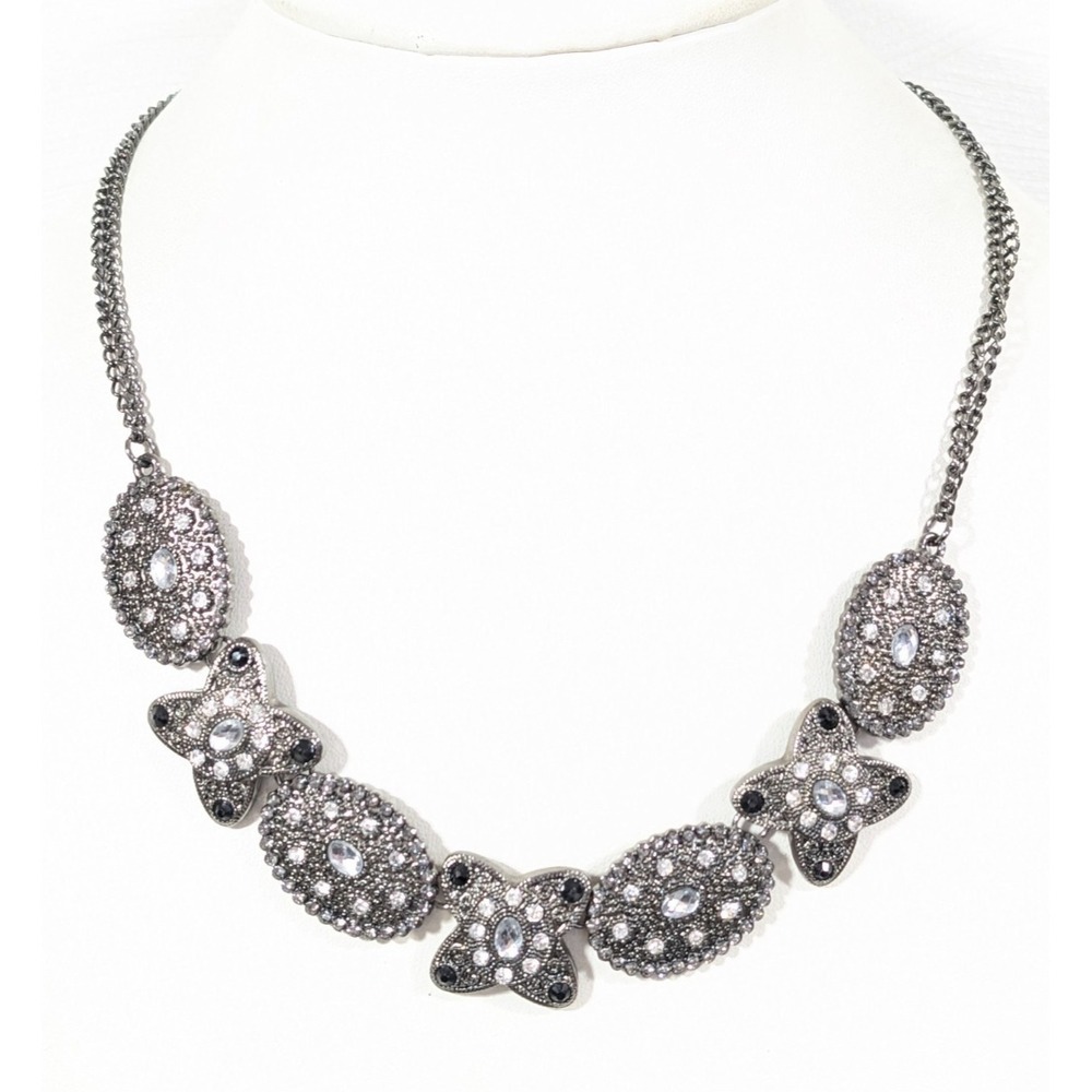 Gray Metallic Rhinestone Cross Oval Art Deco Statement Necklace‎ 20" Flower